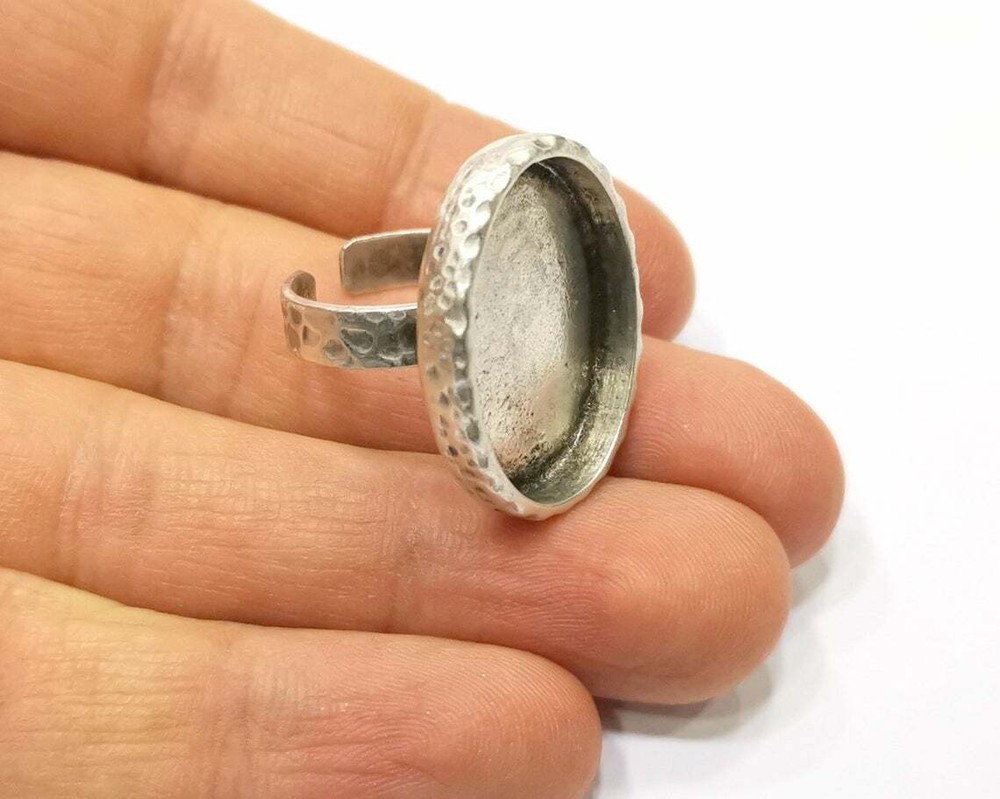 Ring Blank Setting Hammered Base Bezel inlay Backs Cabochon Antiq.Silver G21040