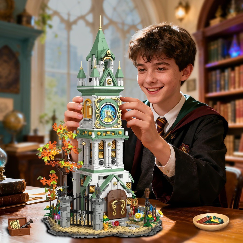 Magic Clock Tower Building Set with Light, 1566PCS Medieval Castle Model Kit