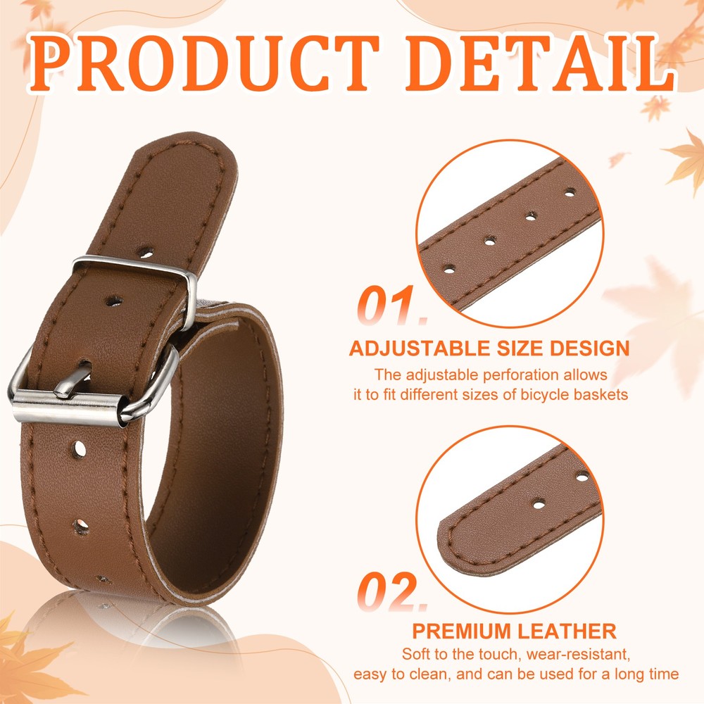 2 Pcs Adjustable Leather Bicycle Basket Strap, Brown