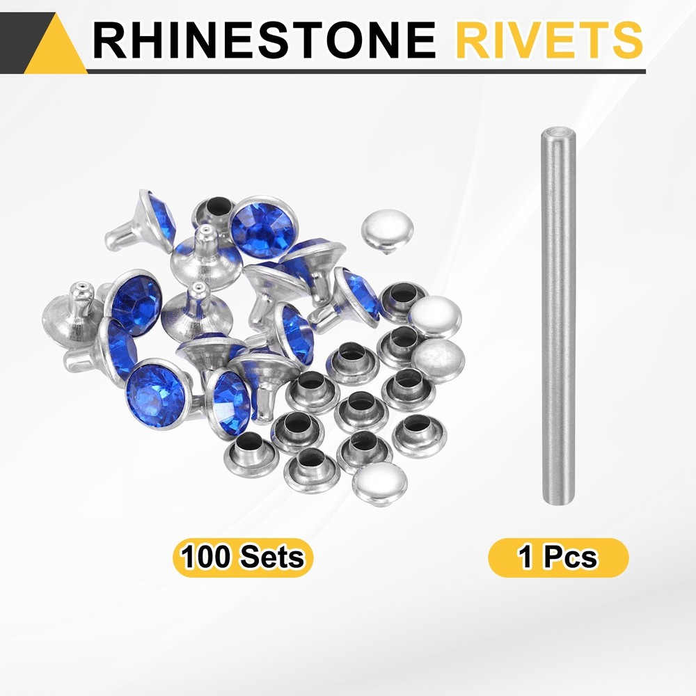 100pcs Crystal Rivets 6mm Rhinestone Stud with Installation Tool, Silver Blue