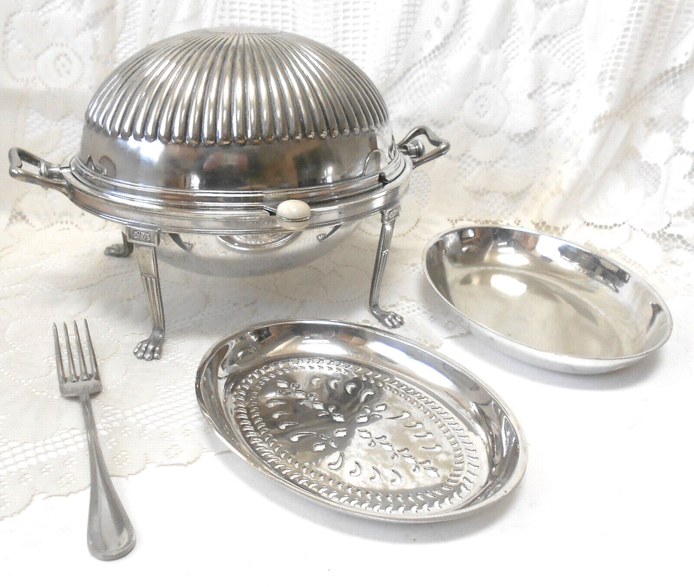 3Pc Atq SLV PLATE DOMED ROLL TOP BREAKFAST WARMER/SERVER w/TRAYS + SERVING FORK