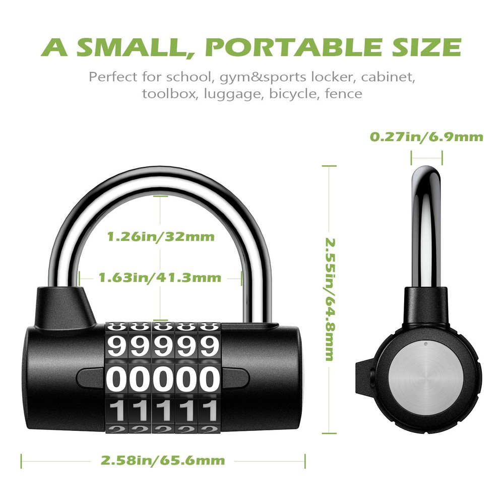 KeeKit 5 Digit Combination Lock, Re-settable Padlock, Black