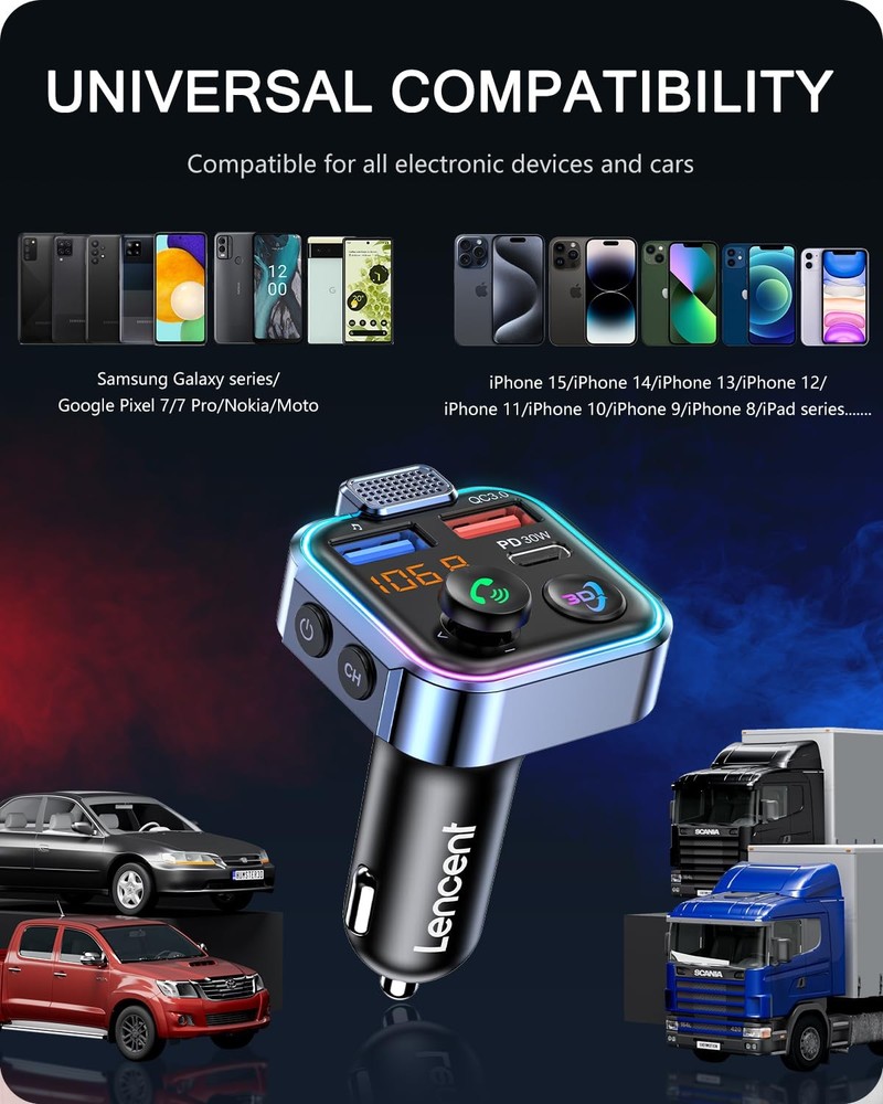 LENCENT Bluetooth 5.3 FM Transmitter, Wireless Radio Adapter Car Kit with Typ...