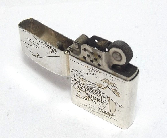 VINTAGE JAPANESE 950 GRADE SOLID SILVER CIGARETTE CASE & PETROL LIGHTER c1950