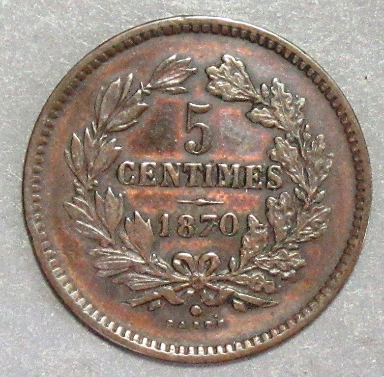 LUXEMBOURG 1870 FIVE CENTIMES ATTRACTIVE VF