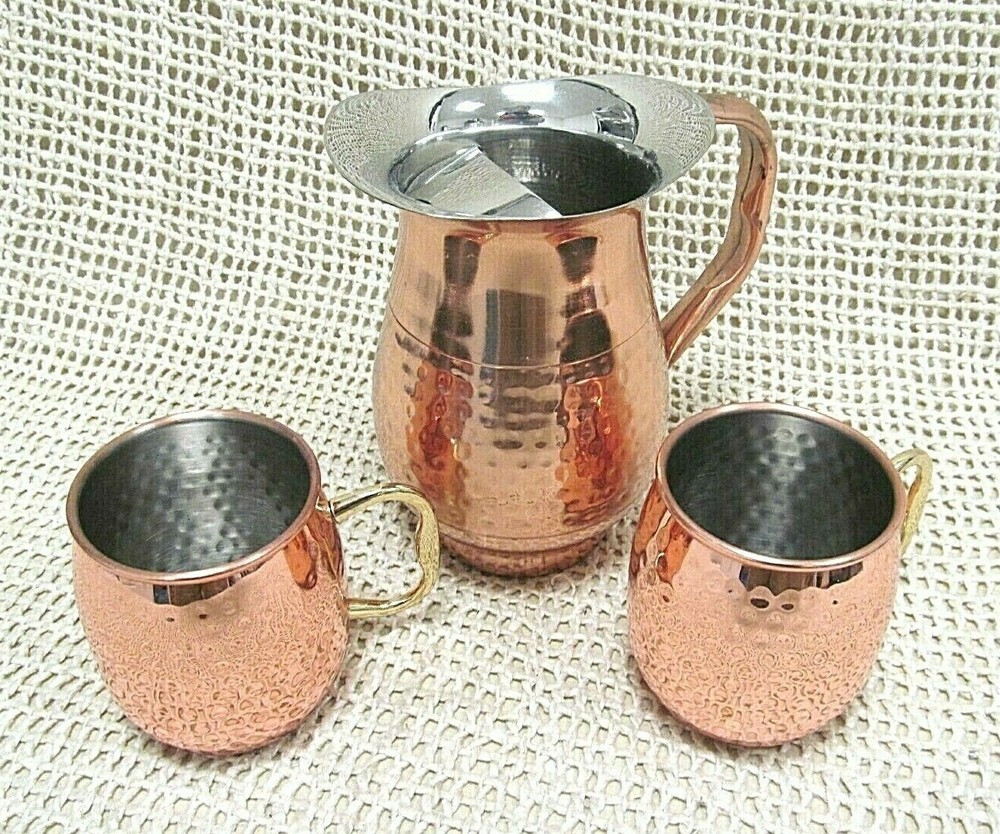 Moscow Mule ~ COPPER / STAINLESS PITCHER & 2 MUG / CUP 3 Pc SET ~ EUC