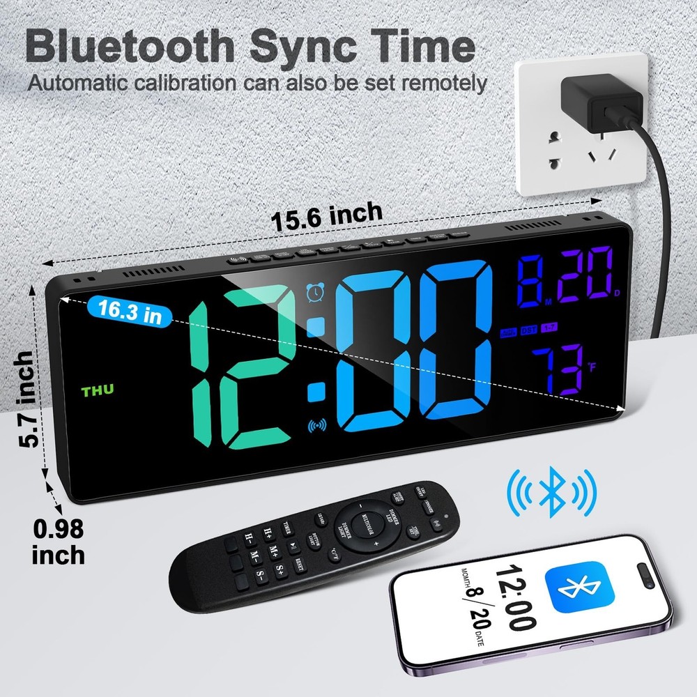 XREXS 16.3" Bluetooth Large Digital Wall Clock with Remote Control, Auto Time...