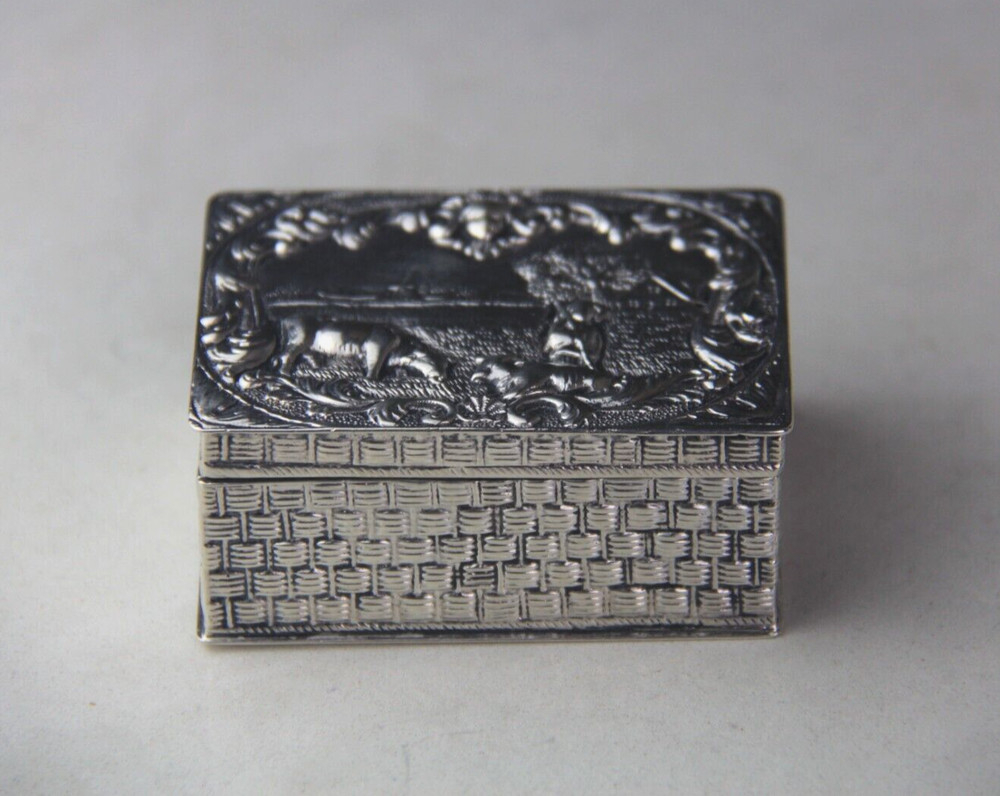 Antique German Hanau 800 Silver Rectangular Hinged Box w/ Embossed Farming Scene