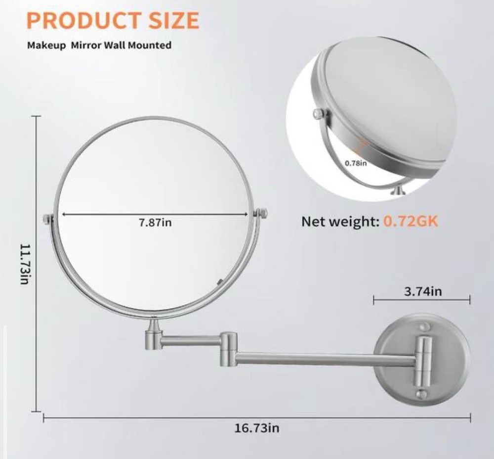 BWE 8” Telescopic Wall Mounted Double Sided Magnifying Mirror Nickel