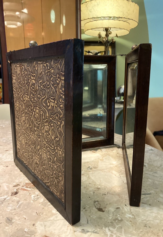 Antique TRI-FOLDING  DRESSING TABLE MIRROR Beveled Edges Tri Fold 3 Mirrors