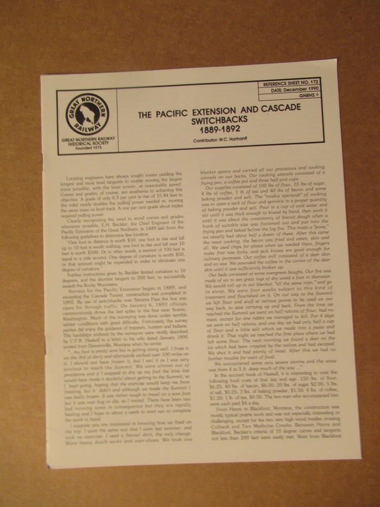 Great Northern Reference Sheet 172 Pacific Extension and Cascade Switchbacks