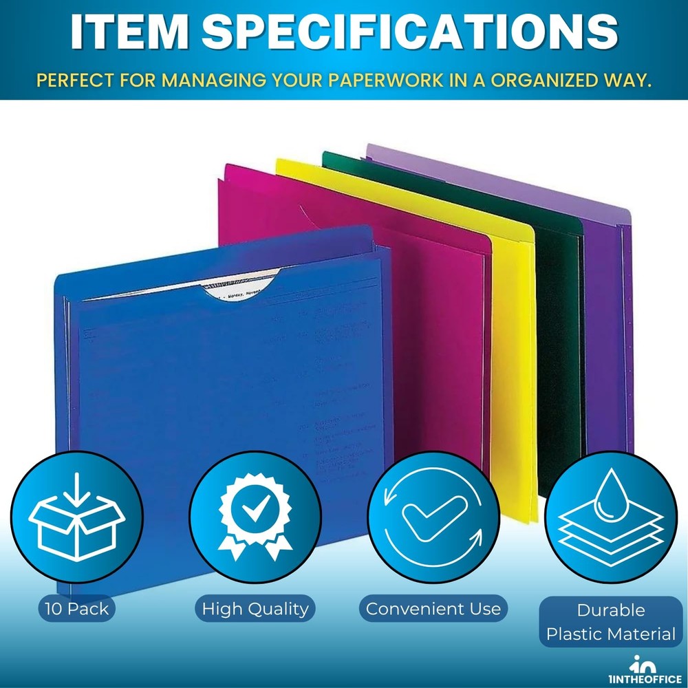 File Folders, Plastic, Assorted Colors, Letter Size, Expandable, 20 Pack