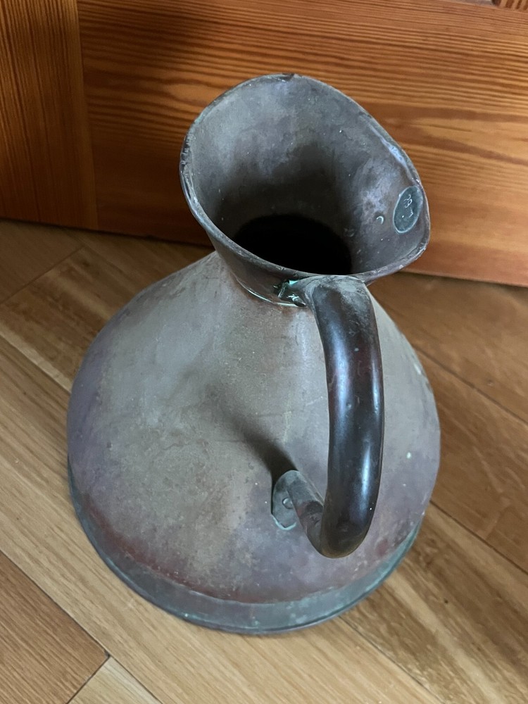 Antique Large Solid Copper Metal Primitive Pitcher w Numbers indicating size –