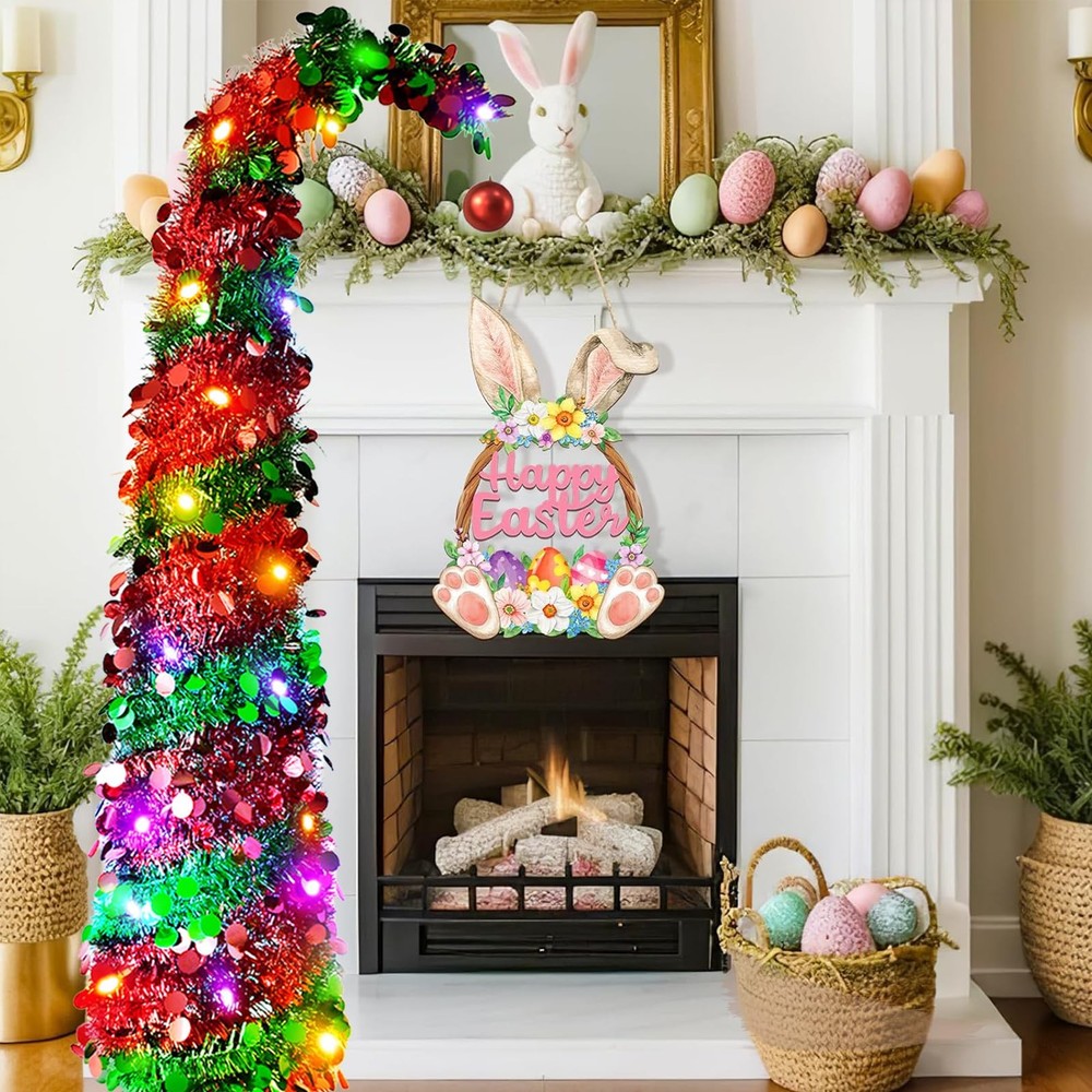 5FT Pre-Lit Pop Up Easter Tree LED Tinsel Collapsible Indoor Decor