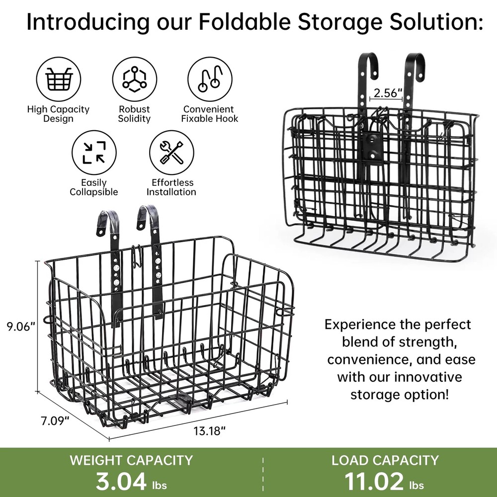 Adjustable Foldable Front/Rear Bike Basket, Metal Wire