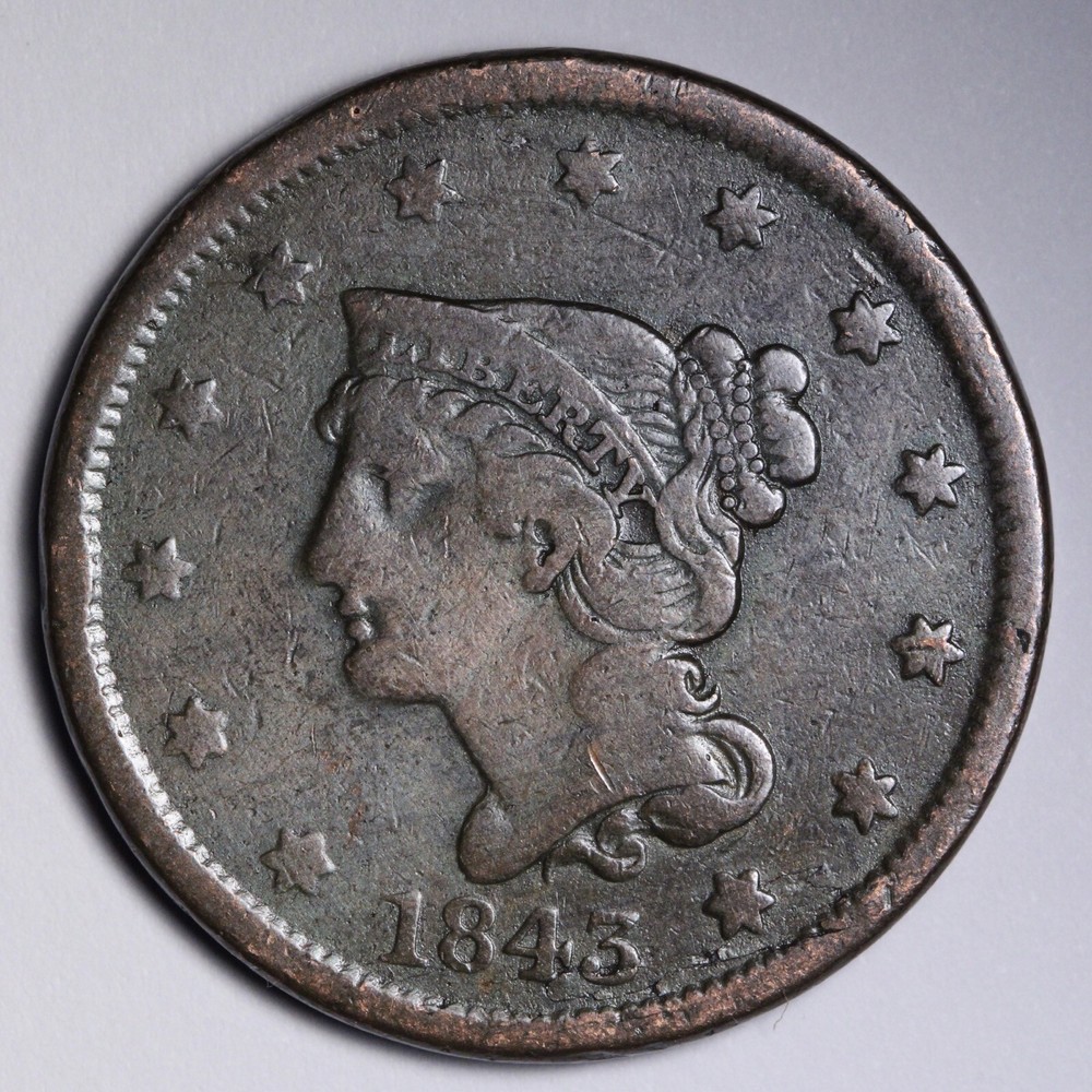 1843 Braided Hair Large Cent CHOICE VF E293 YNC