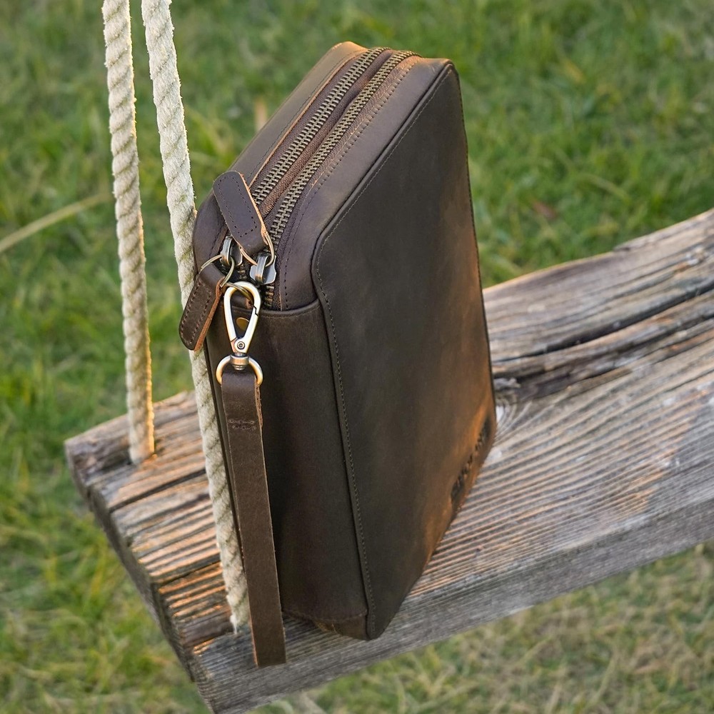 Double Layer Leather Travel Cable Organizer Bag for Electronics Storage