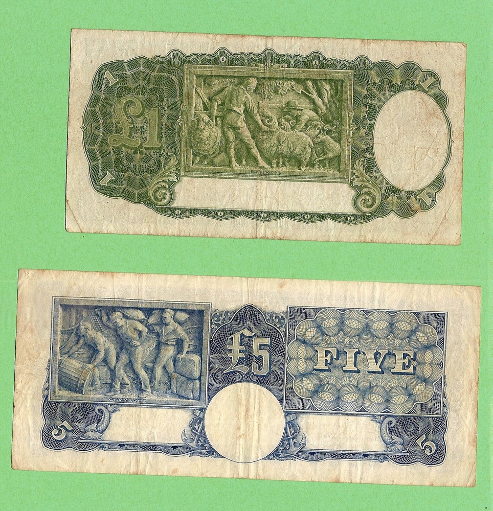 #D101. 1941/42 AUST. ARMITAGE McFARLANE FIVE & ONE POUND £5 & £1 BANKNOTES
