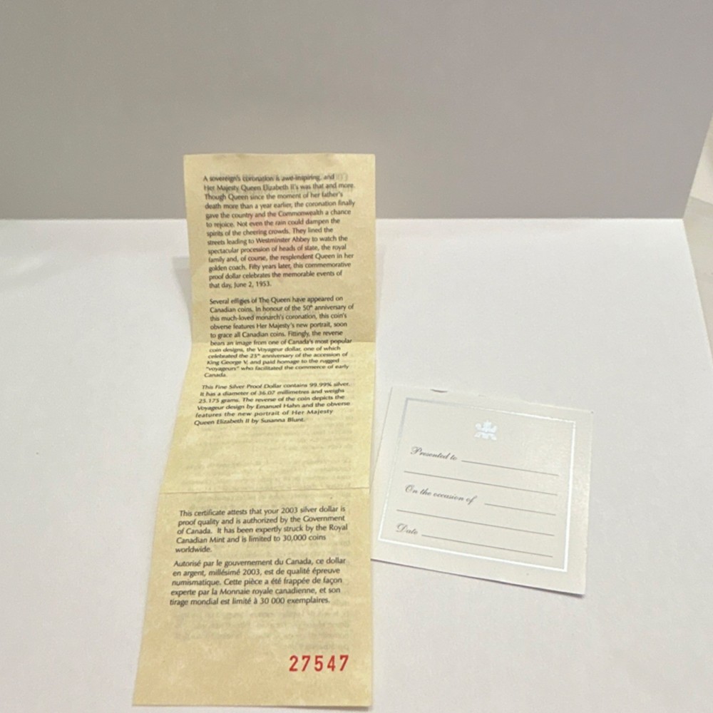 Canada 2003 Coronation Proof Silver Dollar w/ Case Certificate #27547