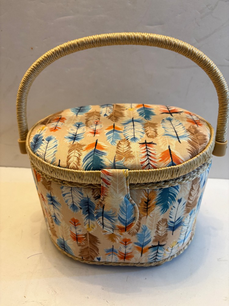 Sewing Basket Caddy Storage, Padded Feather Fabric, Tray Inside