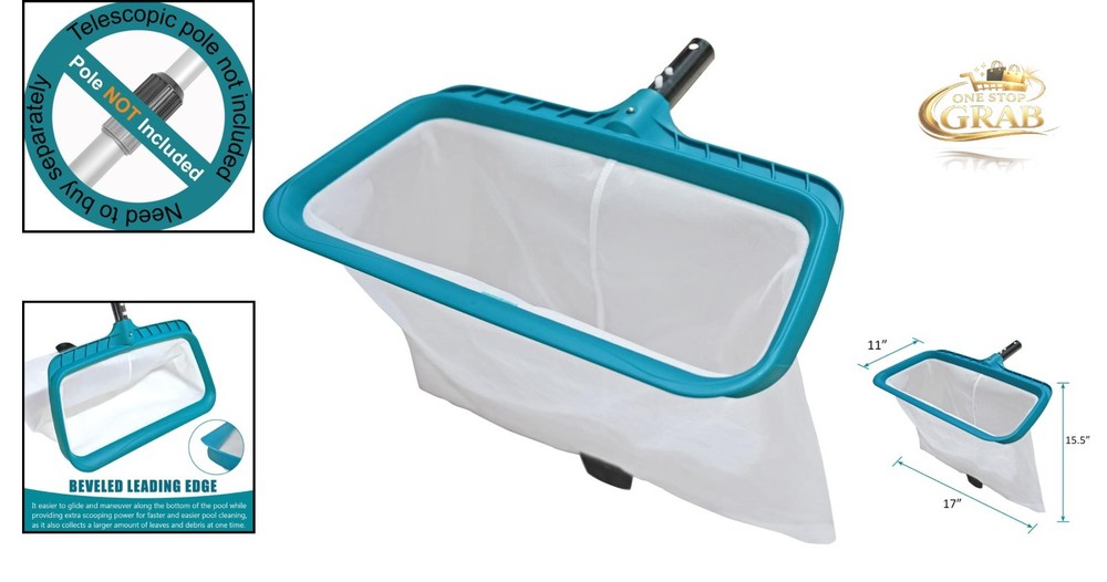 Heavy Duty Pool Skimmer Net 17" Leaf Rake Pool Cleaning Tool With Deep Nylon ...