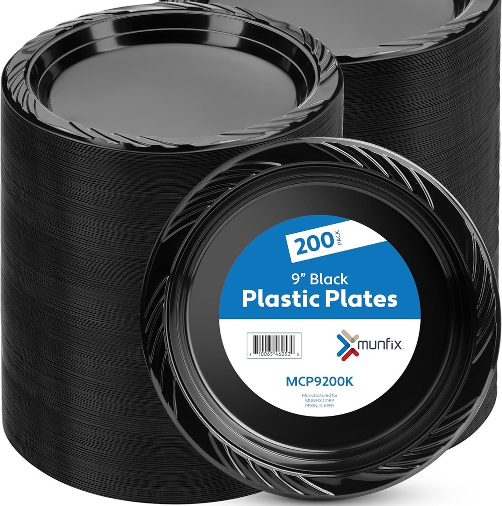 200 Bla Plastic Plates Set - 9 Inch Disposable Dinner Plates Bulk