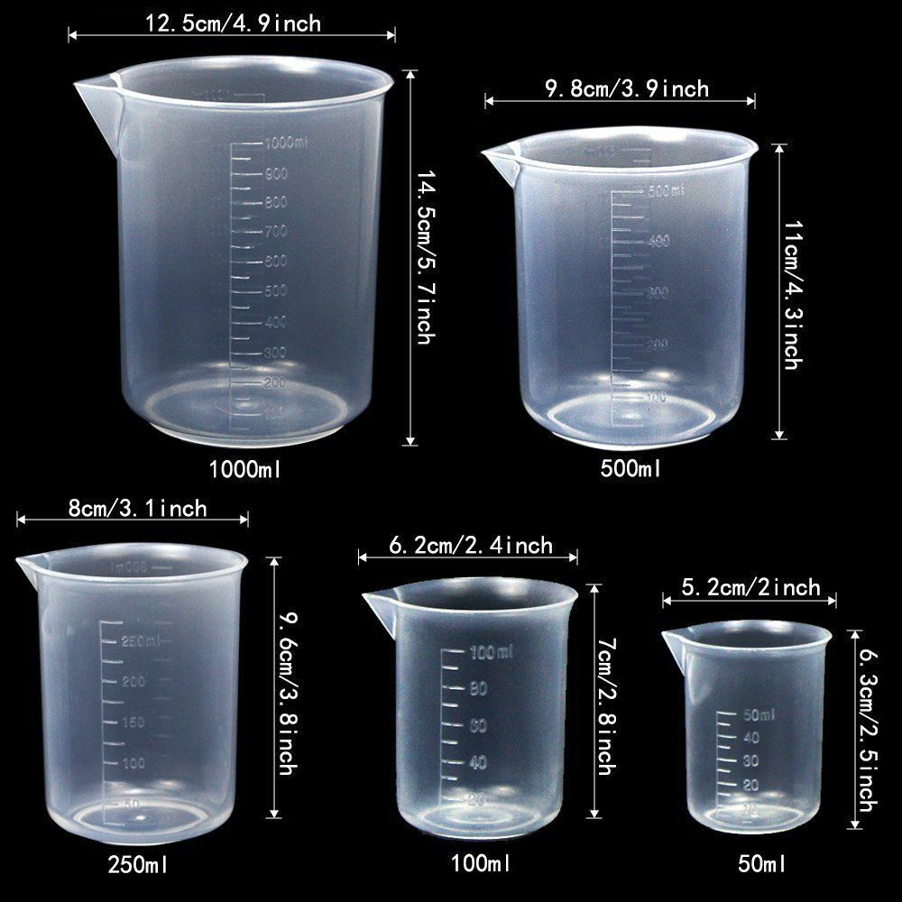 Lab Plasticware Set,4 Clear Plastic Graduated Cylinders with 5 Beakers +1 Brush