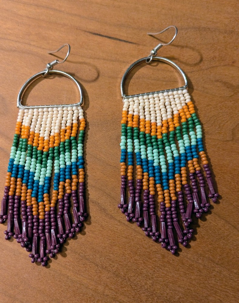 Buckle Brand Earrings Beaded Boho String Tassel Metal Hoop Extra Long 4" Drop
