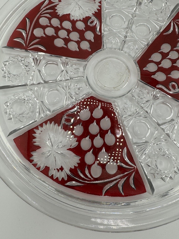 Vintage Ruby Czech Cut Glass Flat Cake Plate Read 12"