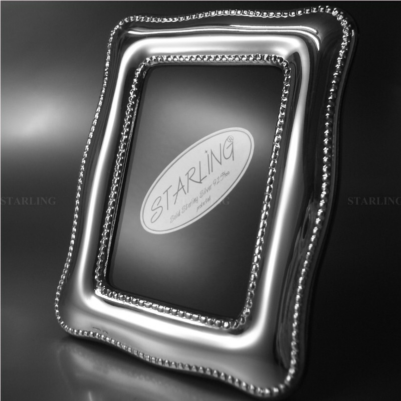 Photo Frame Chippendale Pearl Edge Solid 925 Sterling Silver Mahogany Back(V1)