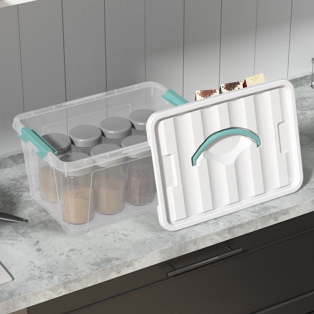 14 Qt Stackable Plastic Storage Bins with White Lids, 8 Packs, Clear