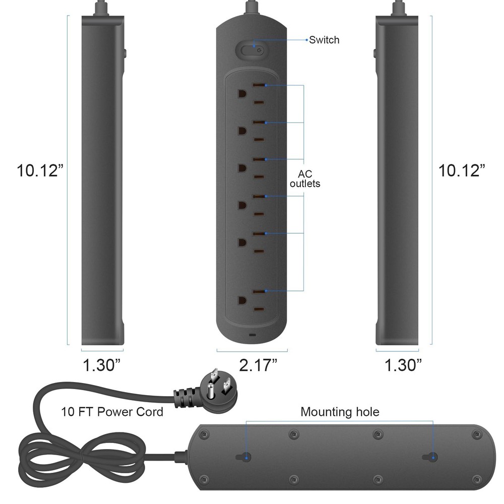 Power Strip Surge Protector Socket, 6 Outlets for Multiple Devices, 10Ft Flat...