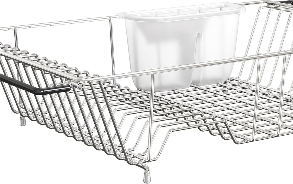 Chic Chrome Dish Drying Rack with 2-Compartment Utensil Holder - Large Capacity