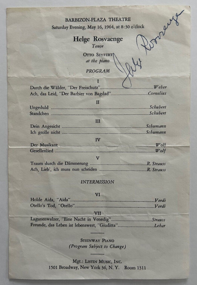 Helge Rosvaenge Danish Operatic Tenor Signed 1964 Program