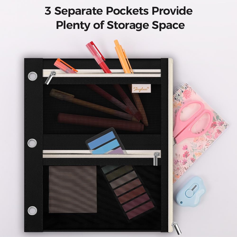 SKYDUE Pencil Pouch for Binder, Case, 3 Ring Binder Black