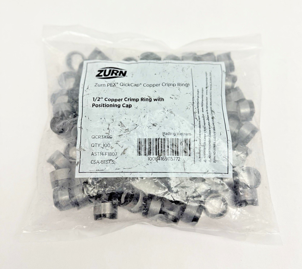 Bag Of  100, Zurn PEX QuickCap 1/2" Copper Crimp Ring with Positioning Cap