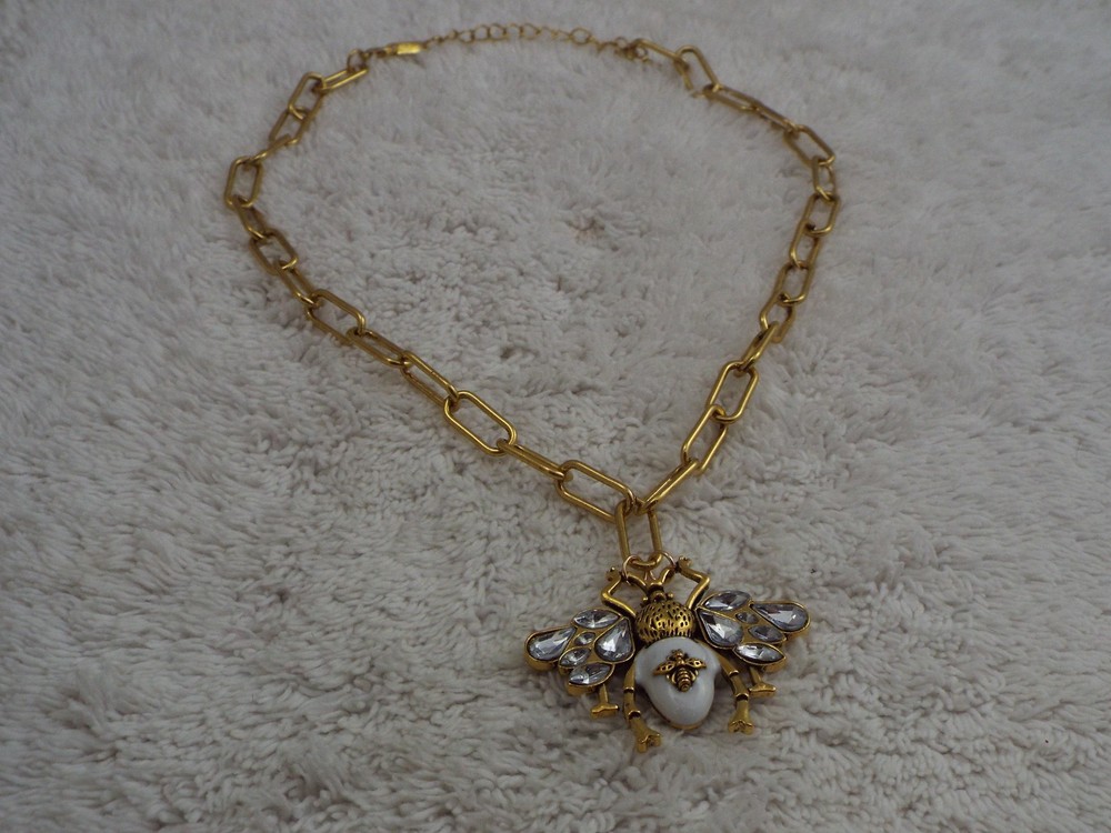 Goldtone White Bee Bug Pendant Necklace (C40)