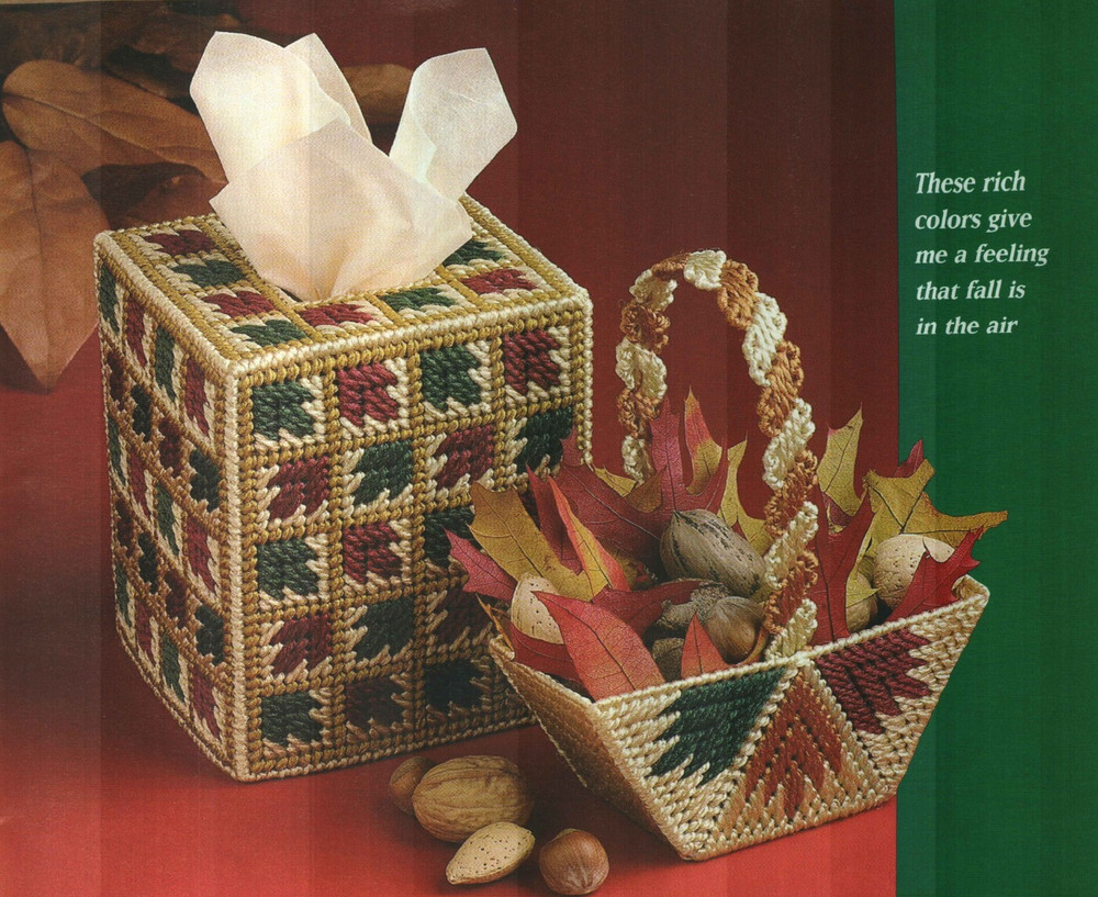 AUTUMN LEAVES TISSUE COVER & BASKET PLASTIC CANVAS PATTERN INSTRUCTIONS
