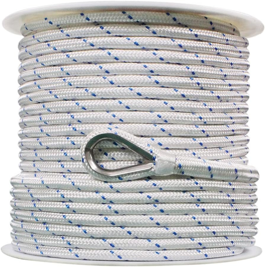 Boattector Double Braid Nylon Anchor Line with Thimble - 1/2" X 150', White with