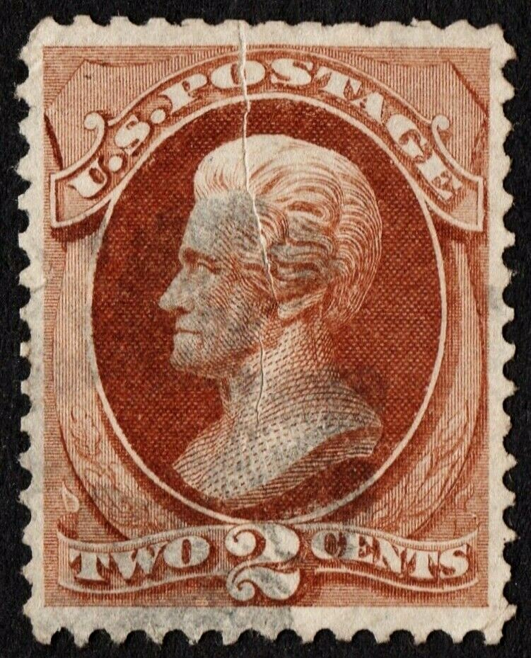 US Sc# 146 Var USED { -XF- "PRE-PRINT PAPER FOLD" ERROR } 2c RED BROWN JACKSON