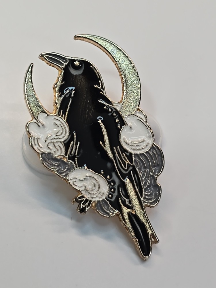 Raven Black Bird With White & Gray Clouds Half Moon Lapel Pin
