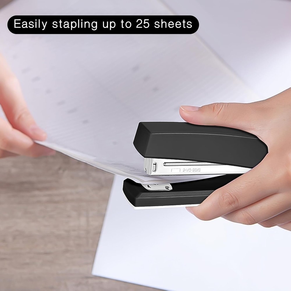 Stapler with 1000 Staples, Office Stapler, 25 Sheet Capacity, Non-Slip, Black