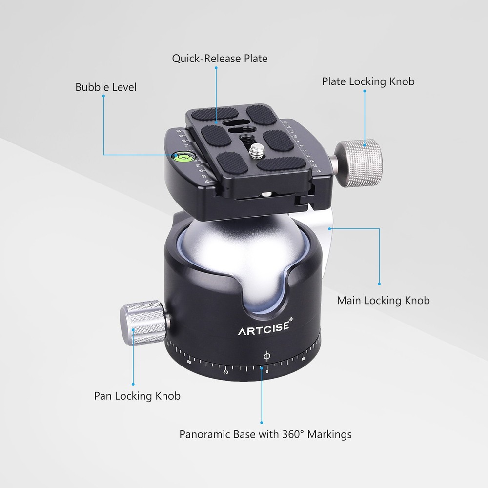 56mm Low Profile Tripod Head with Quick release Plate Panoramic Ball Head 88lbs