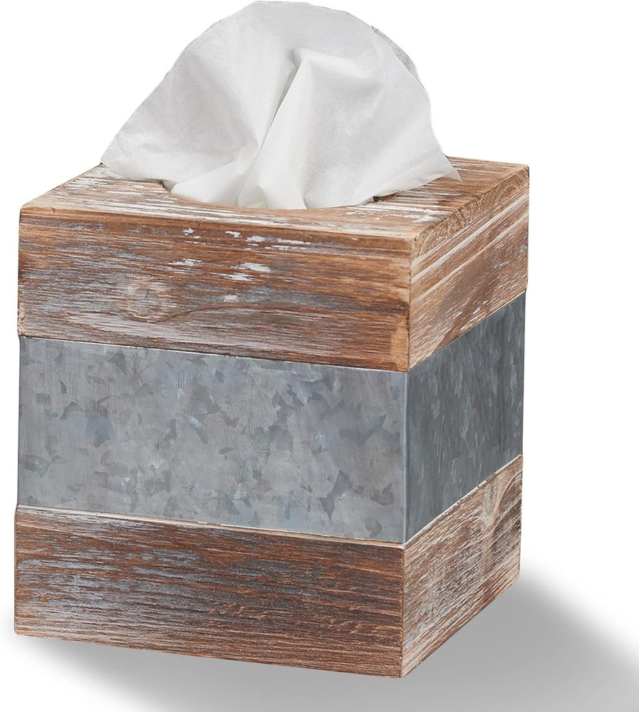 Rustic Metal & Distressed Wood Square Tissue Box Cover Decorative Bathroom