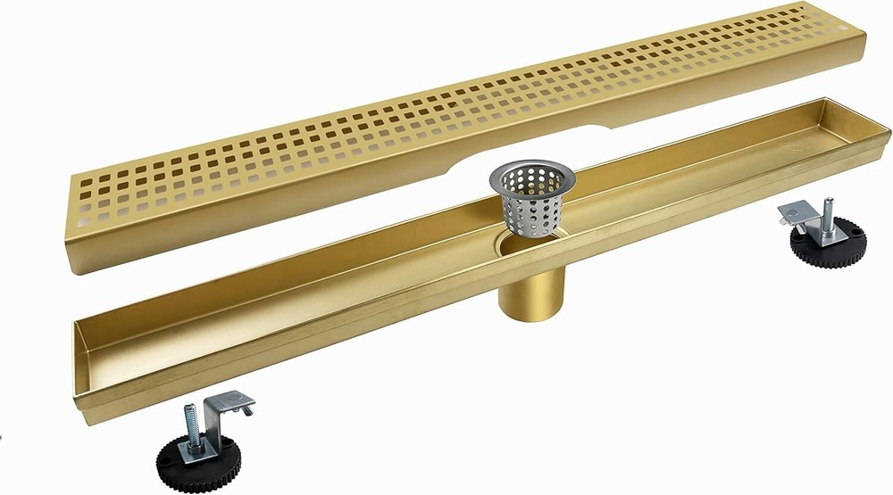 24" Linear Shower Drain, Gold Rectangular Floor Drain with accessories