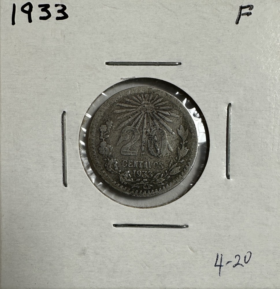 1933 Mexico Silver 20 Centavos Cap & Rays - (4-20)/YO)