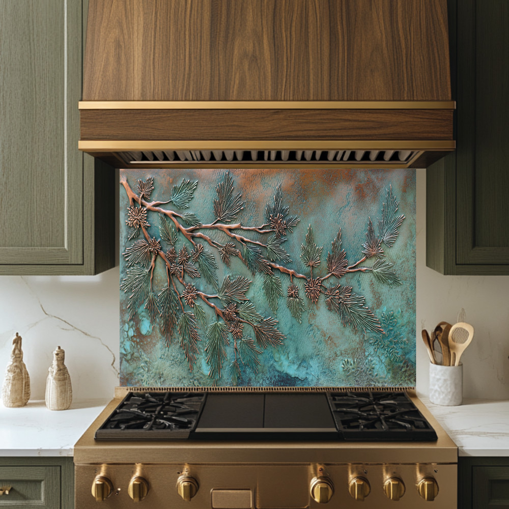 Green Rusted Copper Pine Tree Look Backsplash, Tempered Glass Kitchen Backsplash