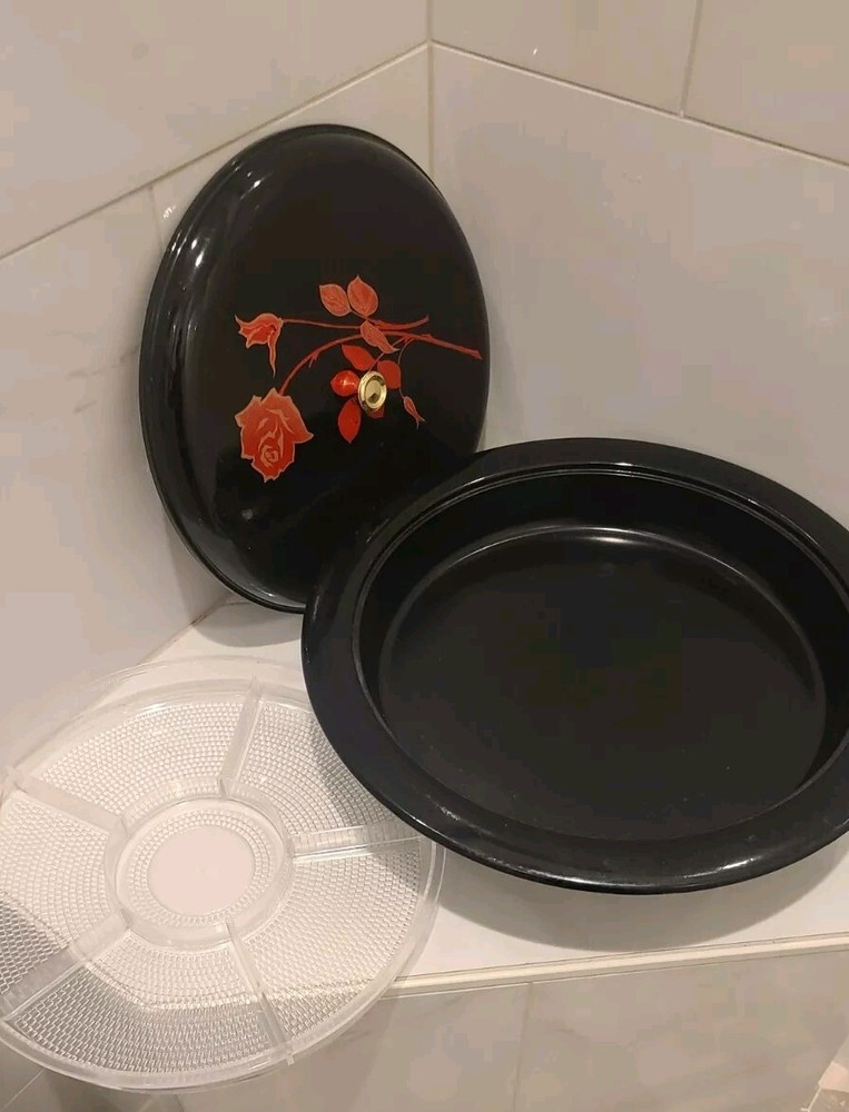 Vtg Footed Black LACQUER WARE Lidded Serving Dish Lazy Susan Divided Sections