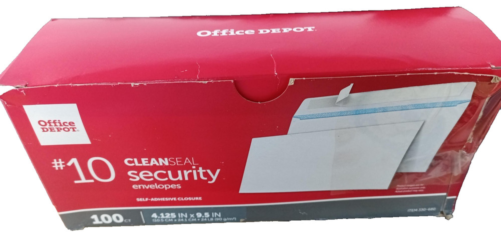 Office Depot #10 Clean-Seal White Security 100 Envelope - Open Box
