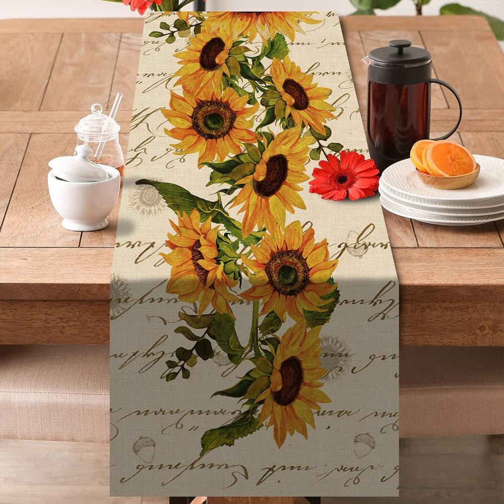 Fall Sunflowers Table Runner, Vintage Spring Summer Flower Home Kitchen Dining D